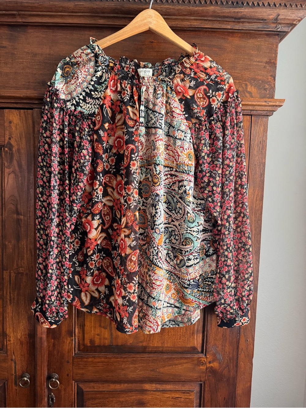 Umgee Floral Back Mix Patchwork Top Long Sleeve